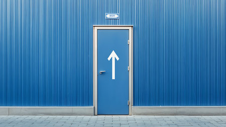 A blue metal door with an upward arrow and a sign that reads "Exit" on a blue metal wall.