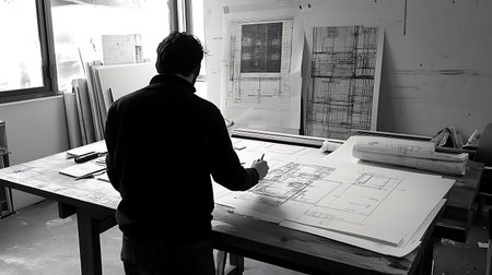 A person is drawing on a large piece of paper at a desk with blueprint designs.