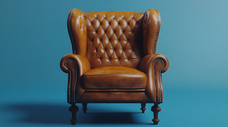 A brown leather armchair with a tufted back and arms, standing on a blue background. The armchair...