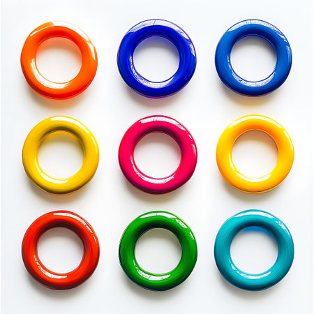 Nine glossy, brightly colored rings arranged in a grid on a white background.