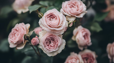 A delicate arrangement of light pink roses in full bloom, with buds and green leaves creating a...