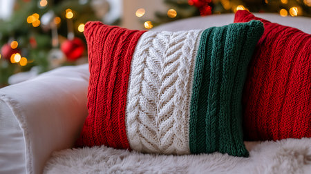 Two knitted throw pillows in red, white, and green resting on a white couch with a white fuzzy throw in front.の写真素材