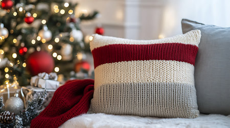 A cozy knitted pillow with red stripes rests on a white faux fur throw, with a blurred Christmas...