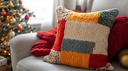 A colorful knitted pillow with red, white, yellow and green patches sits on a grey sofa. A blurred...