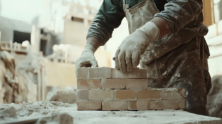 A close-up of a worker's hand placing a brick into a wall, showing the precision and care...