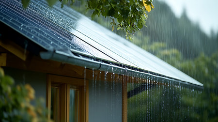 Rain falling from a house roof with solar panels.