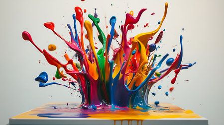 A colorful explosion of paint splatters and streaks across a white canvas. The colors are vibrant...
