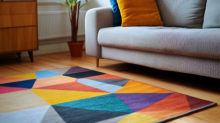 A colorful geometric rug in front of a gray sofa with a yellow pillow.の写真素材