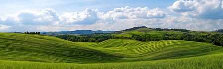 Rolling green hills under a bright blue sky with fluffy white clouds.の写真素材