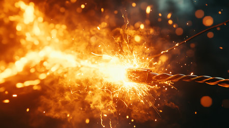 A close-up of a live electrical wire with sparks flying from it, emitting a bright orange glow.