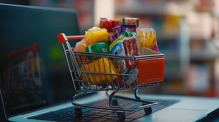 A miniature shopping cart filled with various grocery items sits on a laptop keyboard. The laptop is...