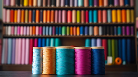 Five spools of thread in blue, orange, turquoise, pink and dark blue, in front of a blurred...