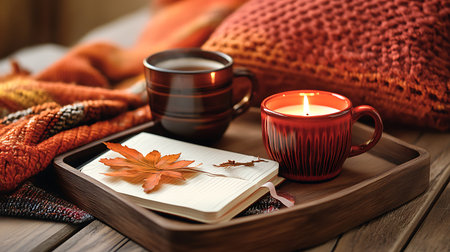 A wooden tray with a mug of tea, a candle, and a notebook with a leaf on it.の写真素材