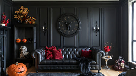 A black leather sofa sits in front of a black paneled wall with a large clock, surrounded by Halloween decorations.の写真素材