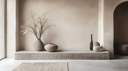 A minimalist interior with a stone ledge, vases, and dried flowers.の写真素材