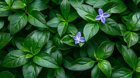 A close-up shot of vibrant green leaves with two delicate purple flowers peeking through.の写真素材