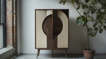 A mid-century modern cabinet with a geometric design, featuring a half-circle cutout and a textured wood grain. The cabinet is standing in front of a brick wall and a potted plant.の写真素材