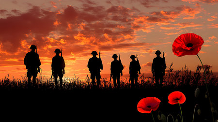 A silhouette of six soldiers standing in a field of grass with red poppies in the foreground and a fiery sunset sky in the background.の写真素材