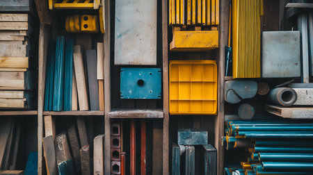 Organized collection of various materials in wooden shelves, showcasing wood, metal, and plastic items of different colors and shapes.の写真素材