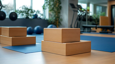 Three wooden blocks stacked on a gym floor near exercise equipment and blue mats.