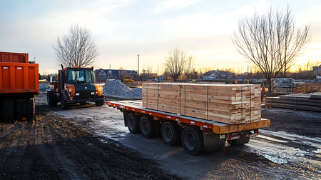 Construction site with a flatbed trailer carrying lumber, a dump truck, and construction equipment...