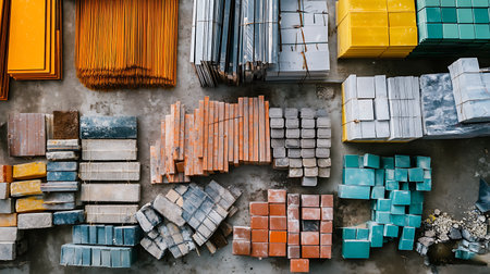 Aerial view of various construction materials organized in stacks and piles on a concrete floor,...
