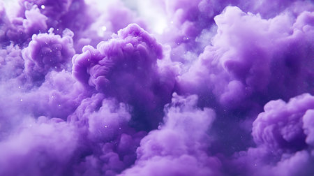 Abstract image of purple smoke clouds with sparkling particles, creating a dreamy, ethereal...