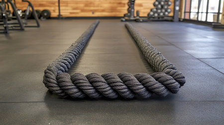 Thick black training rope lies on a gym floor. U-shaped rope ready for fitness workout.