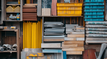 A collection of colorful building materials neatly organized in wooden crates, showcasing wood,...