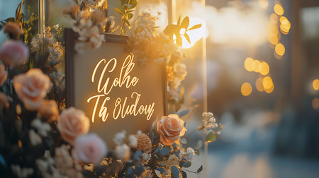 A sign with the words illuminated by light and surrounded by flowers.の写真素材