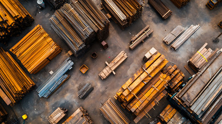Aerial view of stacked lumber and metal beams in a yard.  Different types and sizes of materials are organized in bundles.の写真素材