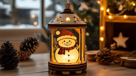 A wooden snowman lantern with a warm glow illuminates a festive setting, surrounded by pine cones and string lights, creating a cozy and inviting atmosphere.の写真素材