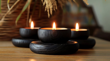 Three black candles, burning and standing on wooden coasters, with a wicker basket and dry stalks in the background.の写真素材