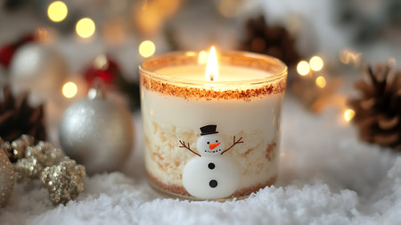 A snowman-themed candle sits on a bed of white faux snow, with a warm glow emanating from the lit wick.  The candle is surrounded by out-of-focus decorations and string lights, creating a cozy and festive atmosphere.の写真素材