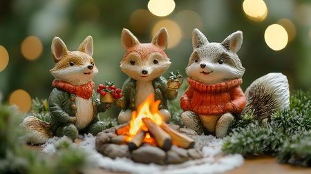 Three foxes, one orange, one white, and one green, are gathered around a fire, with snow and green foliage surrounding them.の写真素材