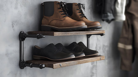 Rustic wooden shoe rack with brown boots and black shoes. Industrial pipe accents.の写真素材