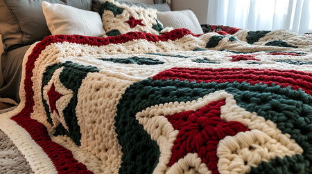 A close-up of a white, green, and red knitted blanket with a star pattern.