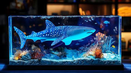 A mesmerizing resin art piece depicting a whale shark swimming amidst vibrant coral reefs and smaller fish, all encased in a clear, cube-shaped container.の写真素材