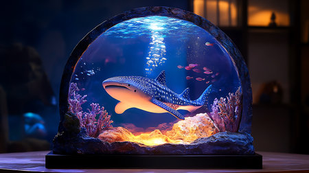 Illuminated resin sculpture of a whale shark in an ocean scene, featuring coral and smaller fish.の写真素材