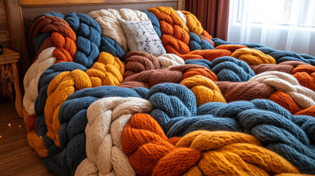 A close-up of a knitted blanket with a variety of colors, including blue, white, orange, and brown. The blanket is folded and arranged in a visually pleasing pattern.の写真素材