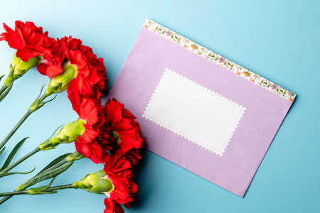 red carnation and pink paper envelope with space for text on blue background