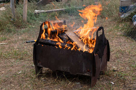 barbecue with burning logs, bonfire for cooking meat on coals, barbecue. Picnic, outdoor recreation