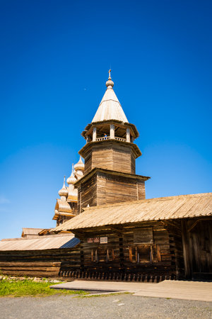 Kizhi Island and Kizhi Pogost wooden temple-museum in the open air, summer bright view of Lake Onega, Medvezhyegorsk district, Republic of Karelia, Russiaのeditorial素材