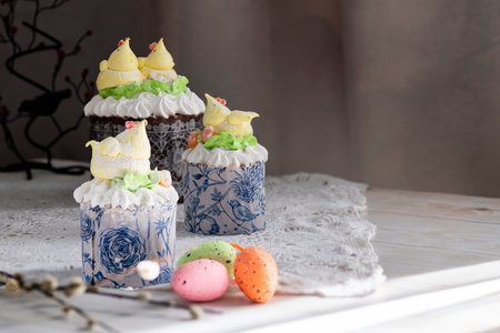 Easter. Festive Easter cakes and painted eggs. easter table. close-up. copyspace.の写真素材