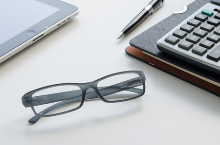 Glasses of businessman on tebleのeditorial素材