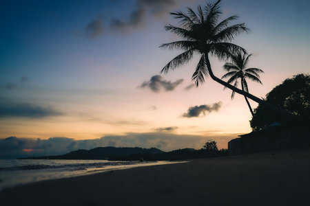 Soft sea wave and sandy beach at sunset, Thailand tropical coastline background