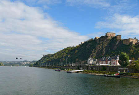 A view of the Ehrenbreitstein Fortress situated high above Koblenz on the Rhine River in Germanyのeditorial素材