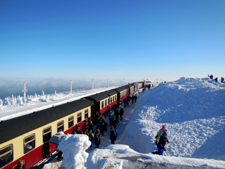 Vacationers departing a train in Brocken, Germanyのeditorial素材
