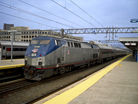 A Shore Line East train arriving at New Haven Union Station in Connecticutのeditorial素材