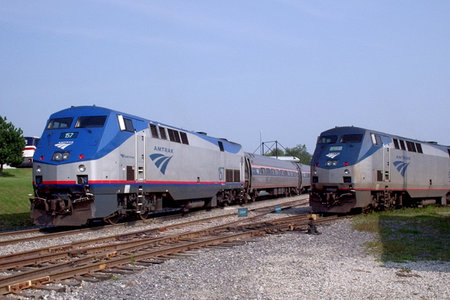Two Downeaster trains at the Portland Transportation Center in Maineのeditorial素材